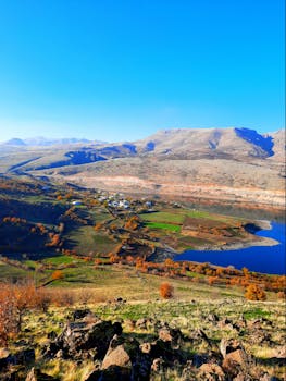 High-altitude shot of a tranquil lake and mountain landscape in a rural setting under a clear blue sky.