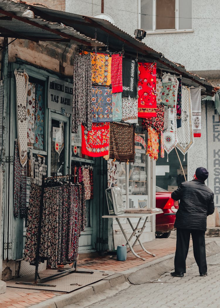 Street Shop Selling Colorful Souvenir Rugs