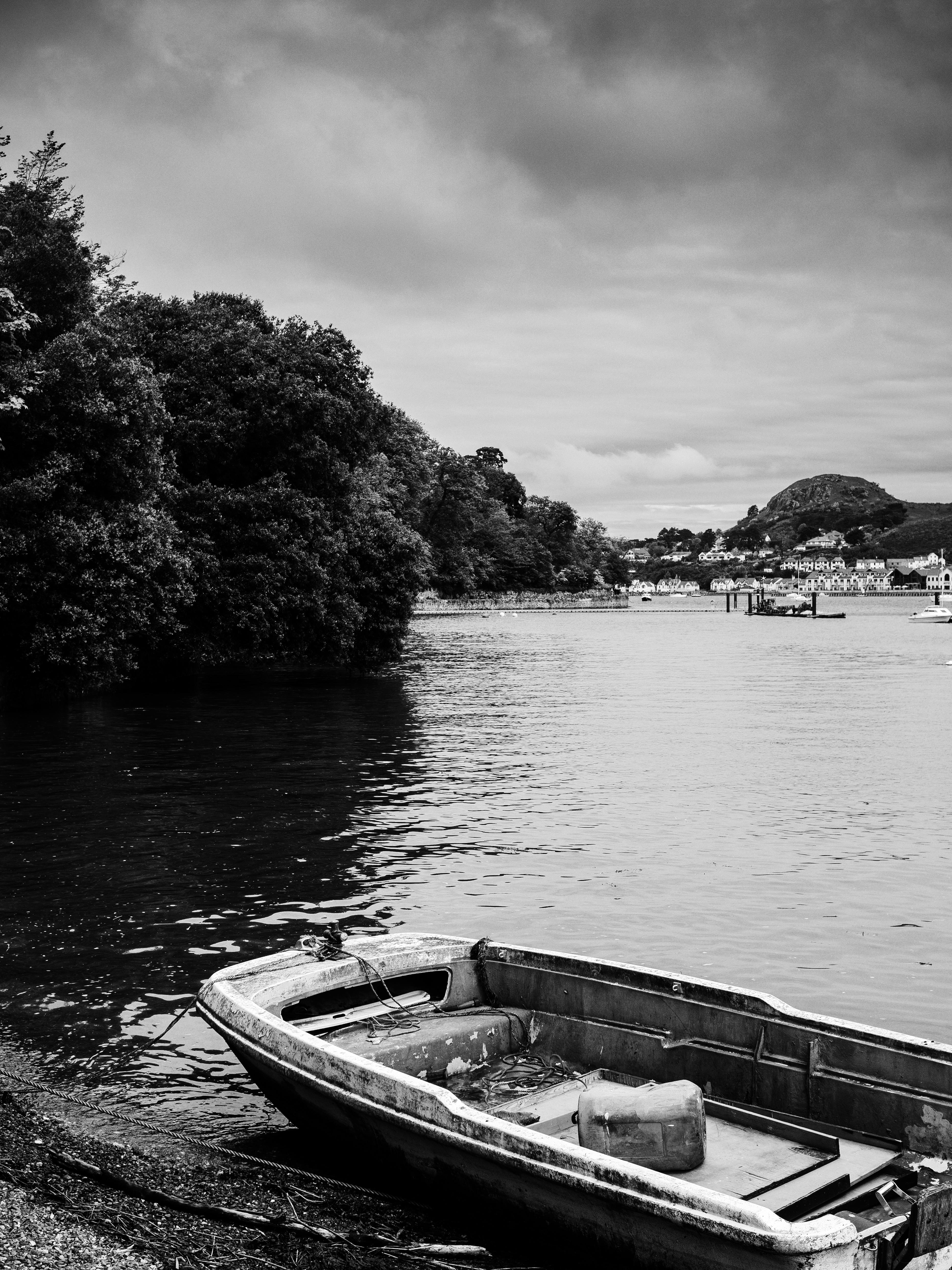 A peaceful black and white photo of a boat on a lake with trees and a village in the background.