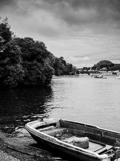 A Grayscale Photo of a Boat on the Lake