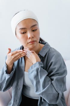 Young Asian woman applying skincare product to her neck indoors.