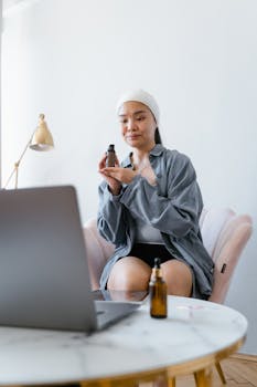 Woman showcasing cosmetic products in an online session, highlighting e-commerce connection.