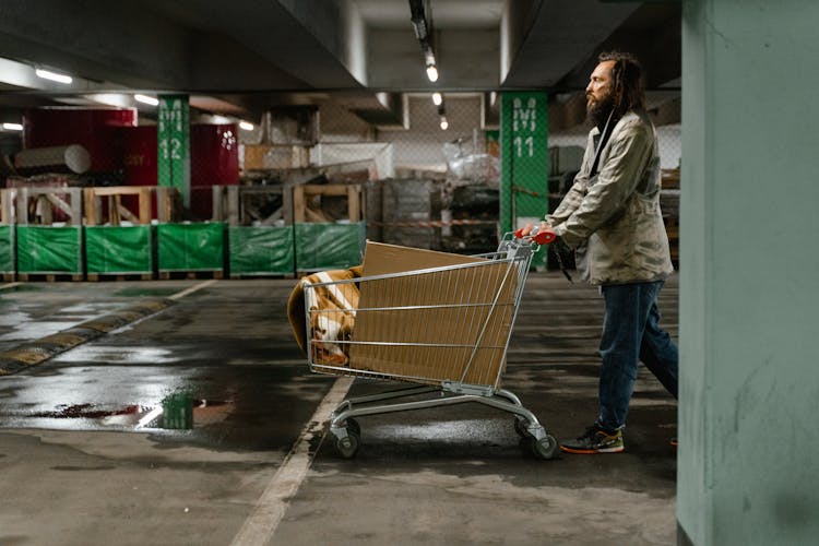 Sad Man Pushing A Shopping Cart