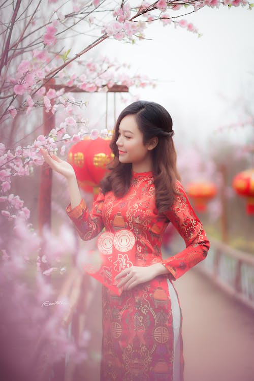 Vrouw Die Rode Chinese Traditionele Kleding Draagt