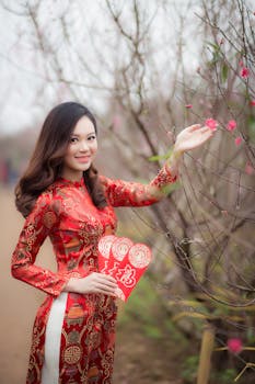 一位身着越南传统服装的年轻女子在盛开的花园中手持红包