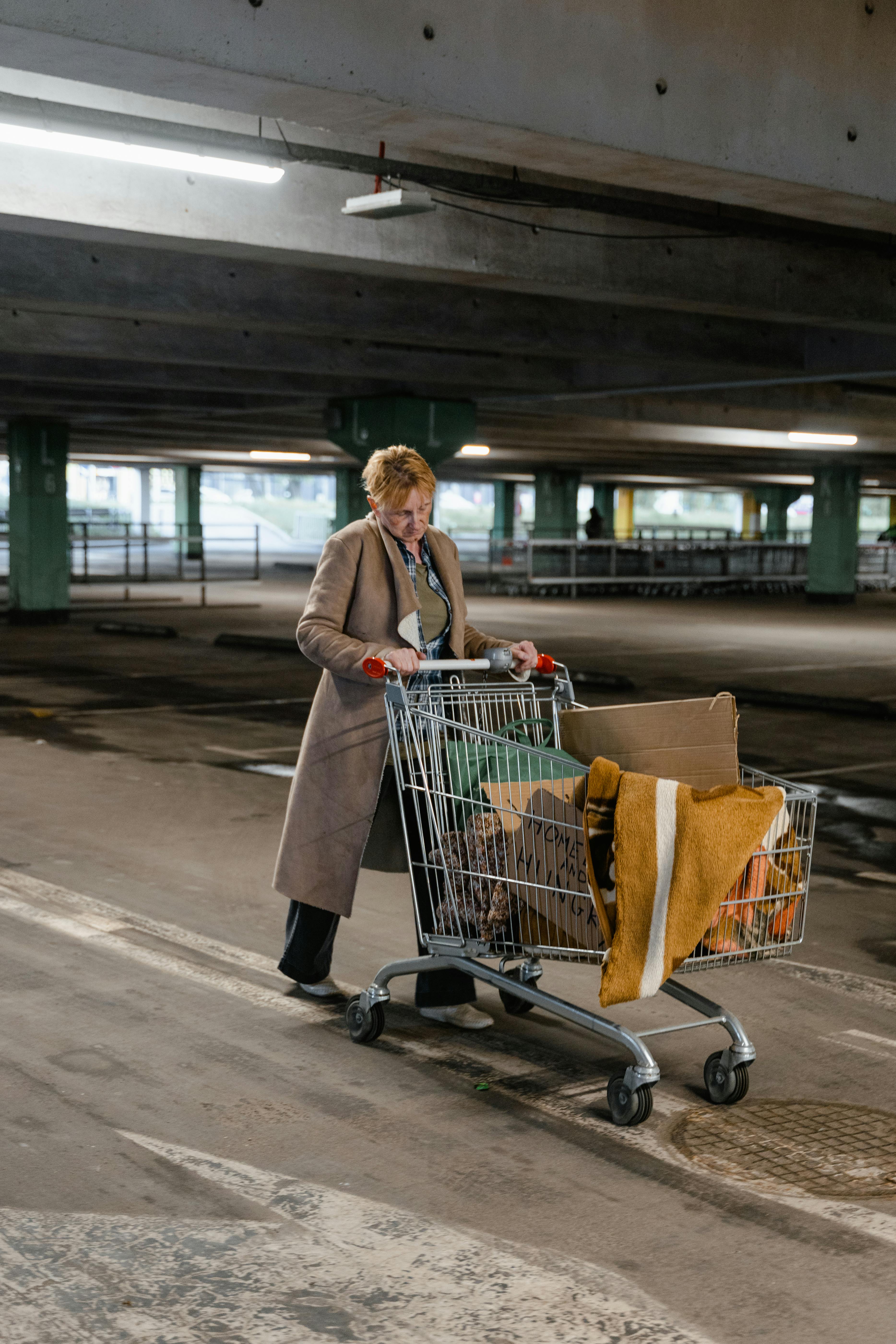 a homeless woman pushing a cart