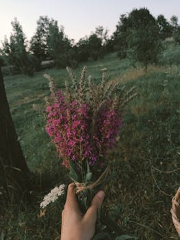 A person holds a vibrant, wildflower bouquet in a lush green summer field.