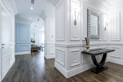 Free Luxurious hallway with modern decor and wooden floor, showcasing minimalism. Stock Photo