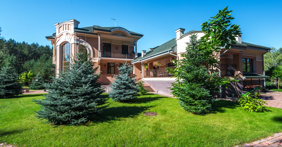 Elegant suburban estate with modern architecture amidst lush greenery, captured on a sunny day.