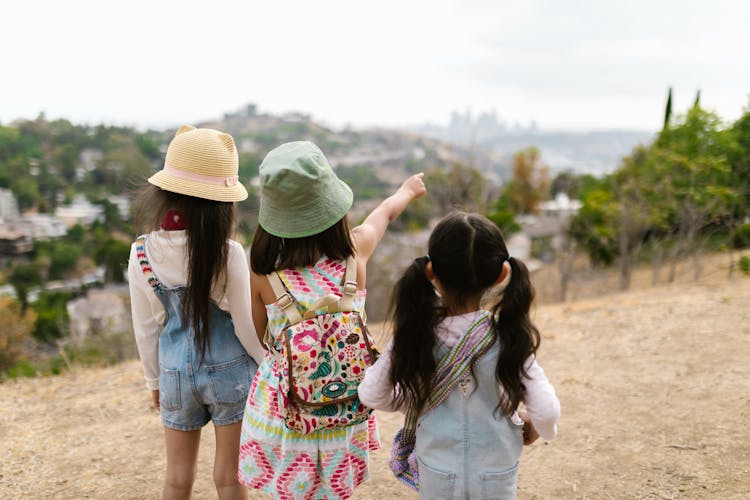 Back View Of Three Girls Standing On Mountain Looking At The View 