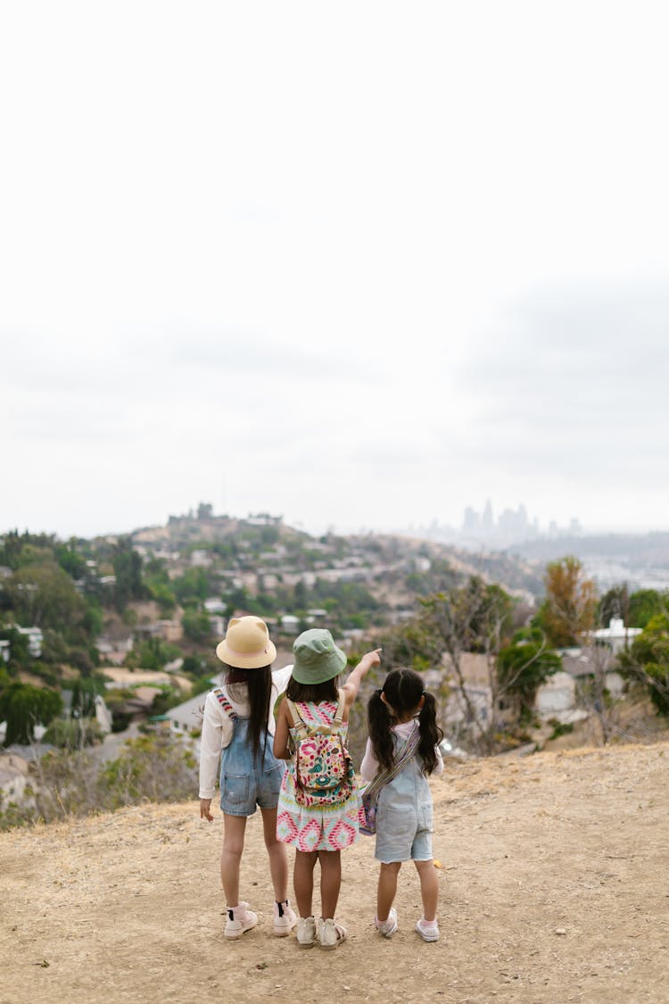 Back View Of Three Girls Standing On The Road Looking At The View 