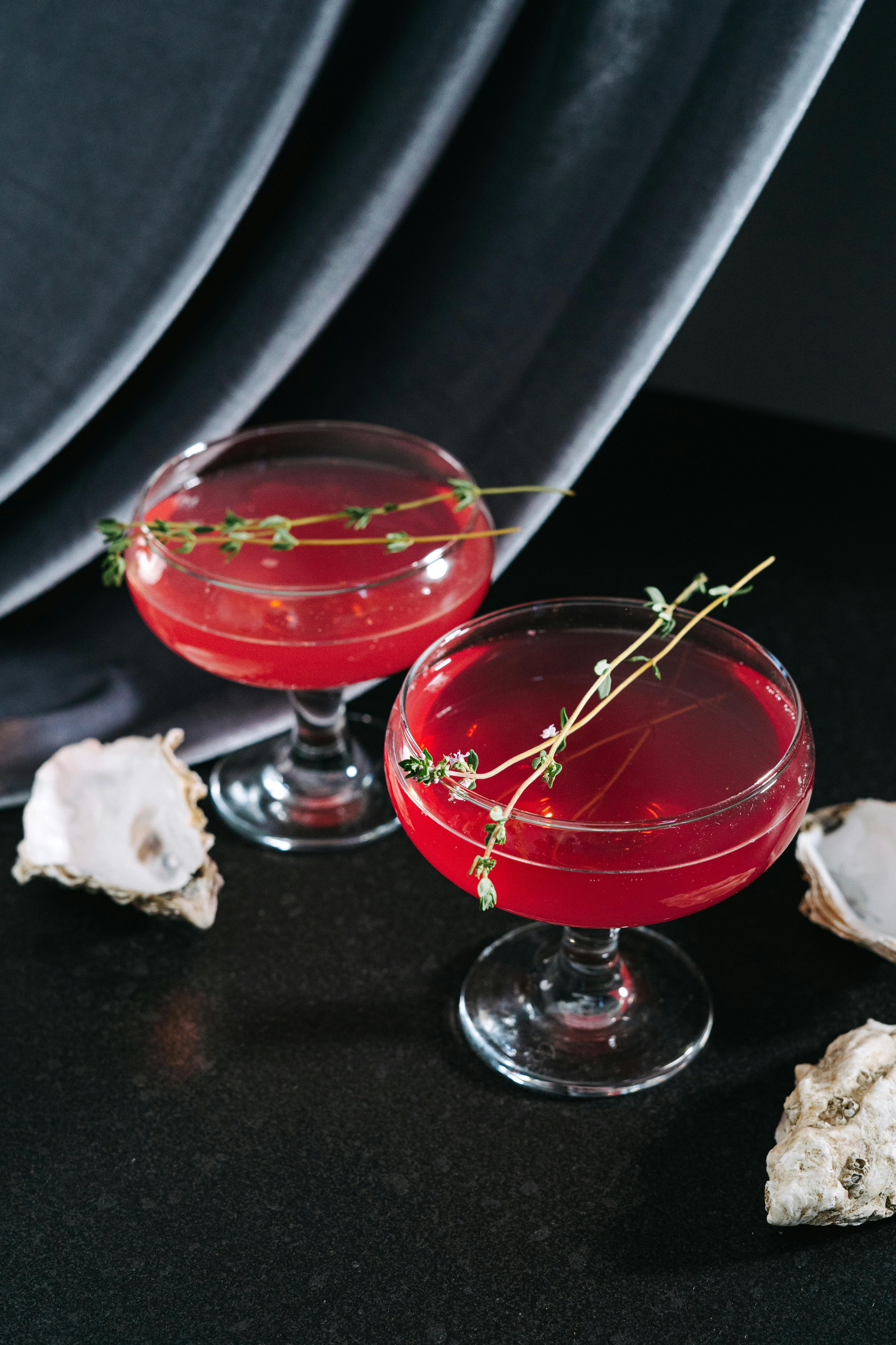 Two red cocktails garnished with fresh herbs, placed on a black surface with oyster shells.