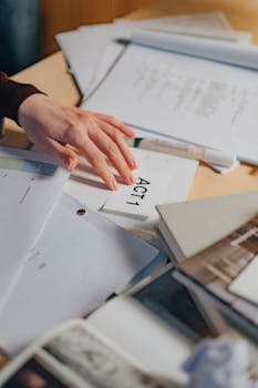 Close-up of a hand organizing scripts and papers on a desk, showcasing a creative workspace.