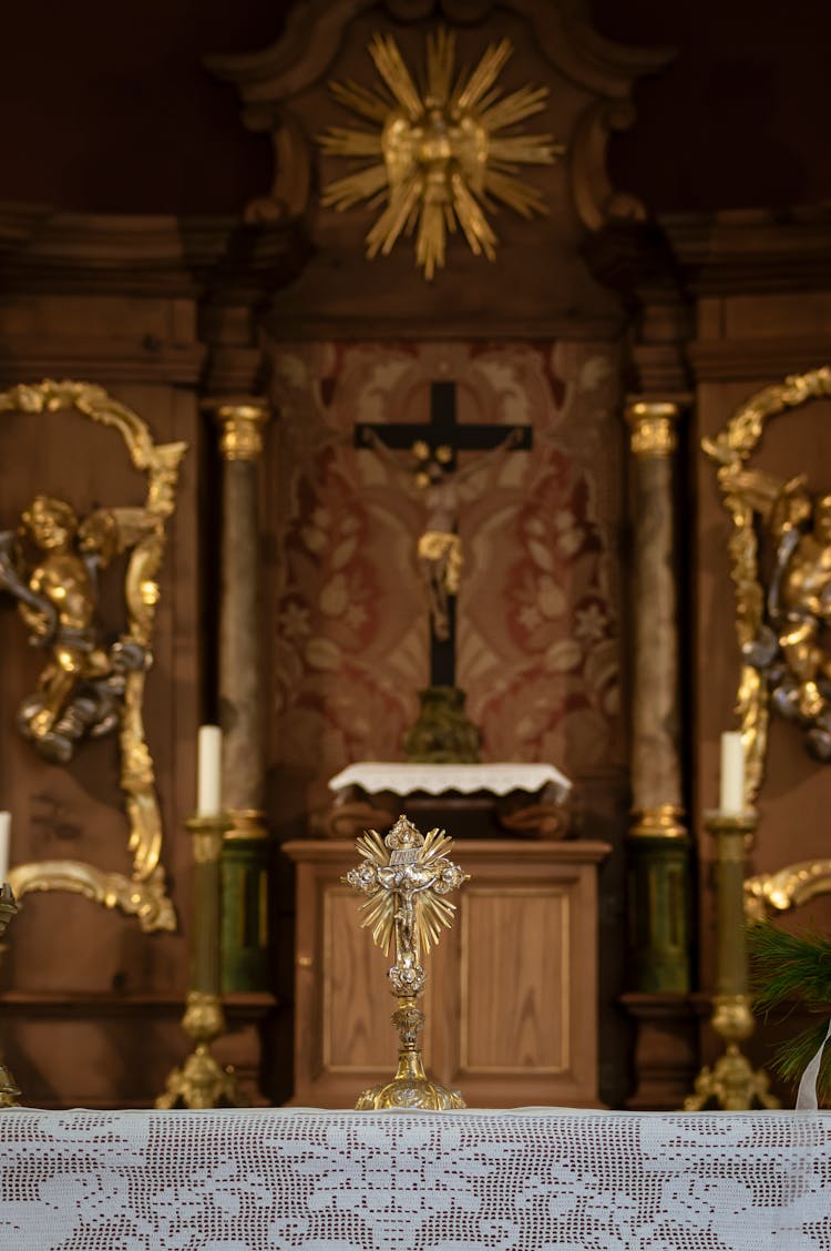 Gold Crucifix On Altar