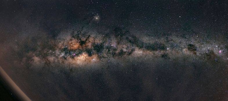 Panoramic view of the Milky Way galaxy captured at night over Tôrres, Brazil.