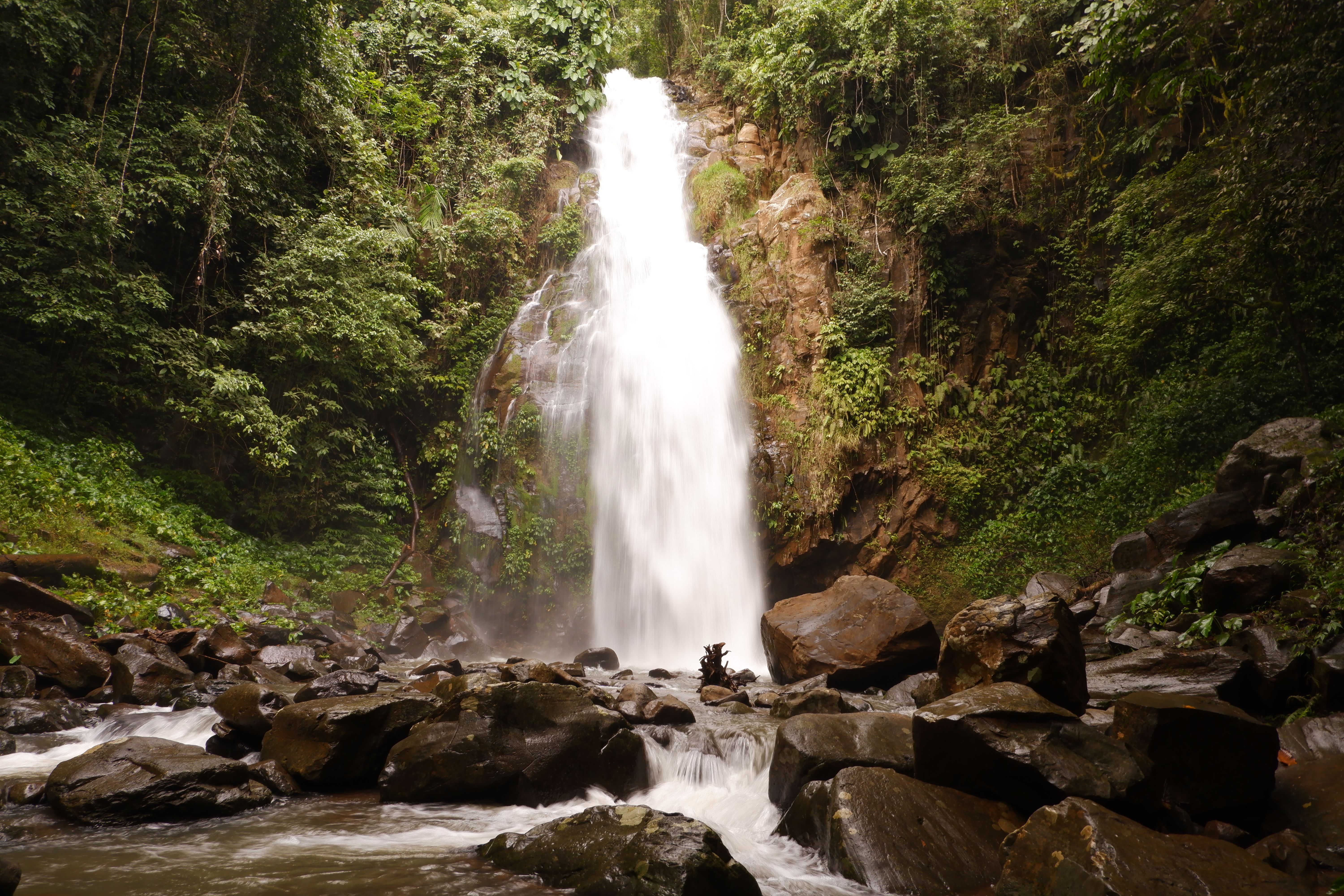 Cascada en Dominica con turista nadando