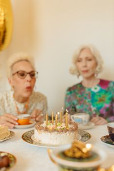 Two senior women enjoying a birthday celebration indoors with a cake.