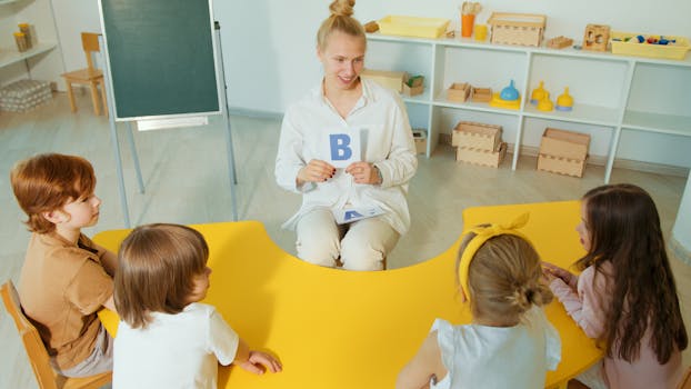 Teacher with children learning the alphabet in a vibrant classroom.