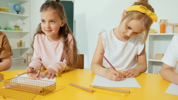 Two young girls writing and learning in a bright classroom setting.