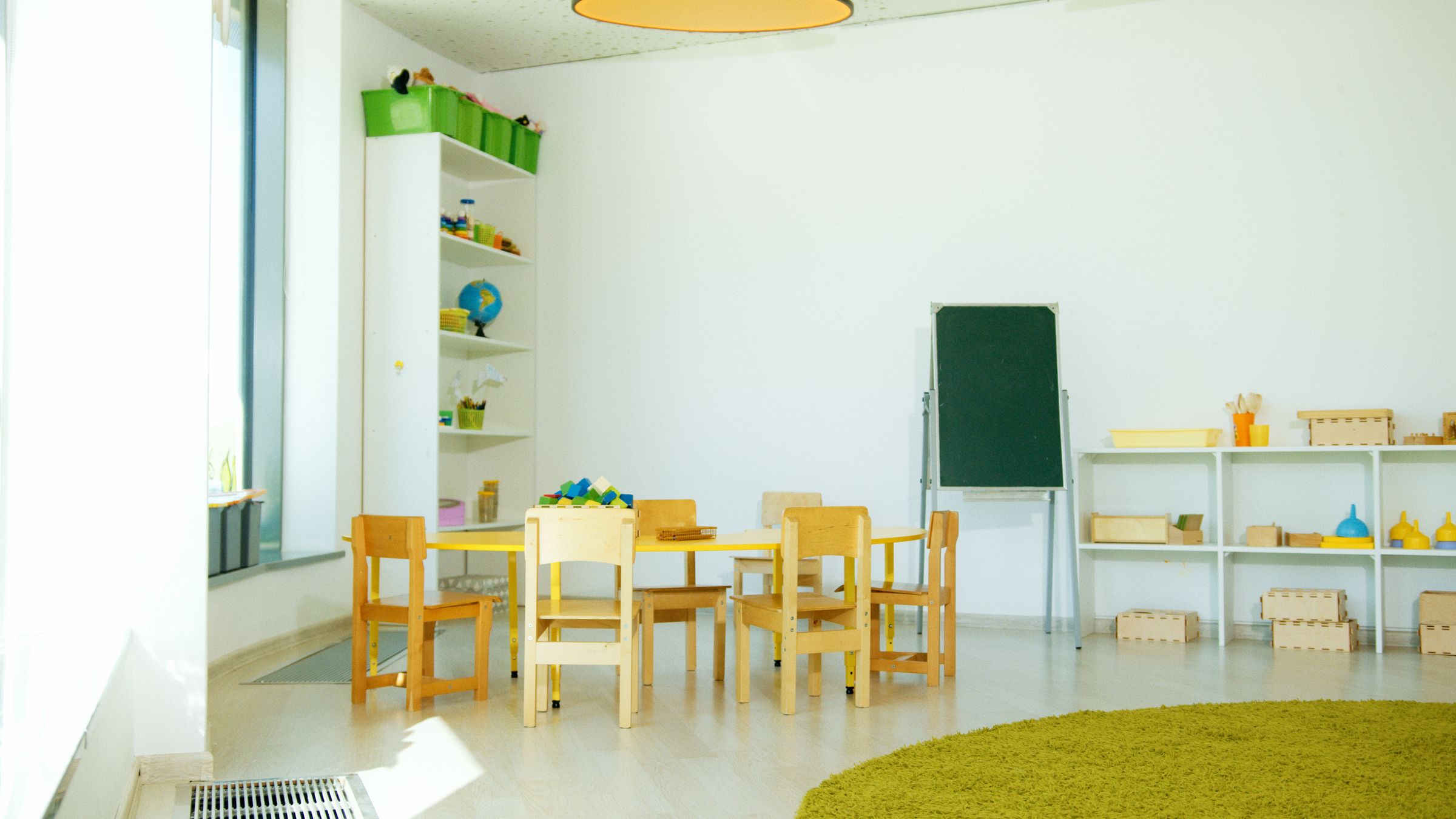 Bright, colorful interior of a Korean daycare classroom