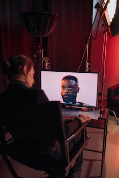 A video editing professional working in a studio with advanced equipment and monitors.