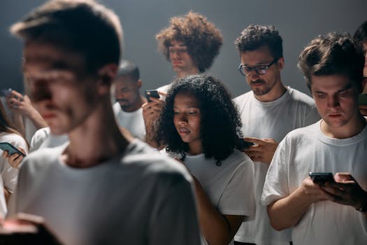 Diverse group of adults engrossed in smartphones, emphasizing tech-driven social isolation.