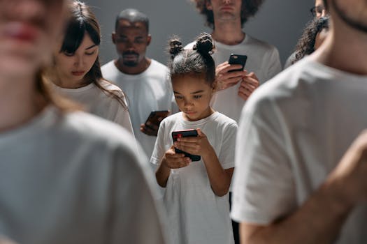 A diverse group of people focused on their smartphones, illustrating social connection and technology indoors.