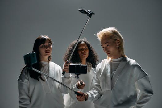 Three young adults making social connections using selfie sticks in a modern studio.