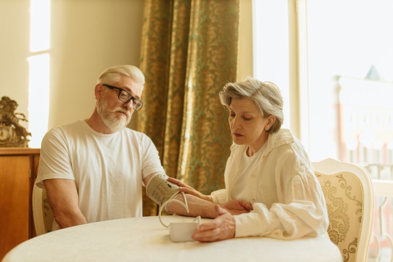 Senior couple calmly checking blood pressure together at their dining table