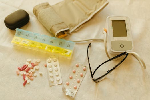 Flat lay image of healthcare essentials including a blood pressure monitor, pills, and eyeglasses on a white surface.