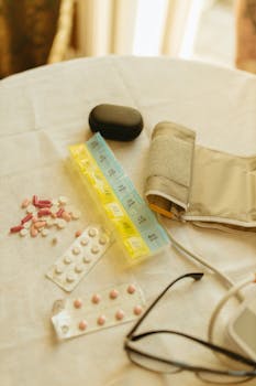 Colorful pill organizer with medications and a blood pressure monitor on a table under soft light.