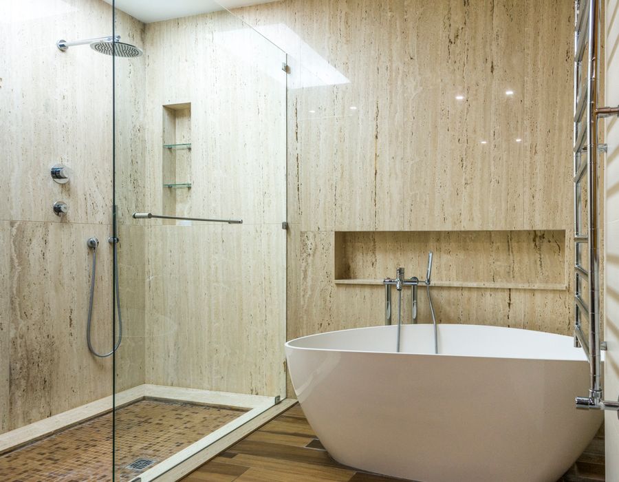 Bathtub installation in a La Quinta bathroom remodel