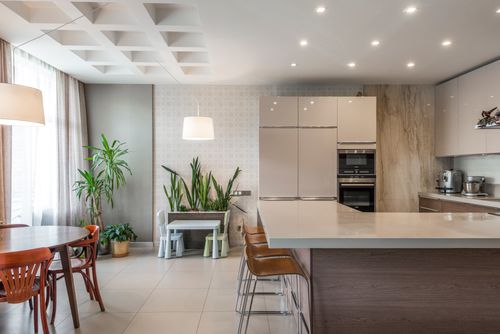 Free Spacious kitchen with elegant furnishings and greenery, perfect for modern living. Stock Photo