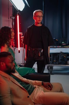 Group photoshoot with three individuals in a modern studio with red lighting.