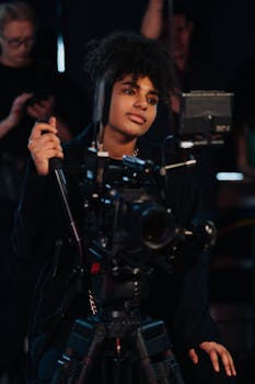 Woman operating a professional camera on set, engrossed in filming. Studio environment, behind-the-scenes view.