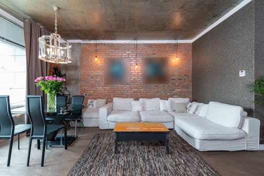 Stylish living room featuring industrial design with brick wall, white sofa, and chic chandelier.