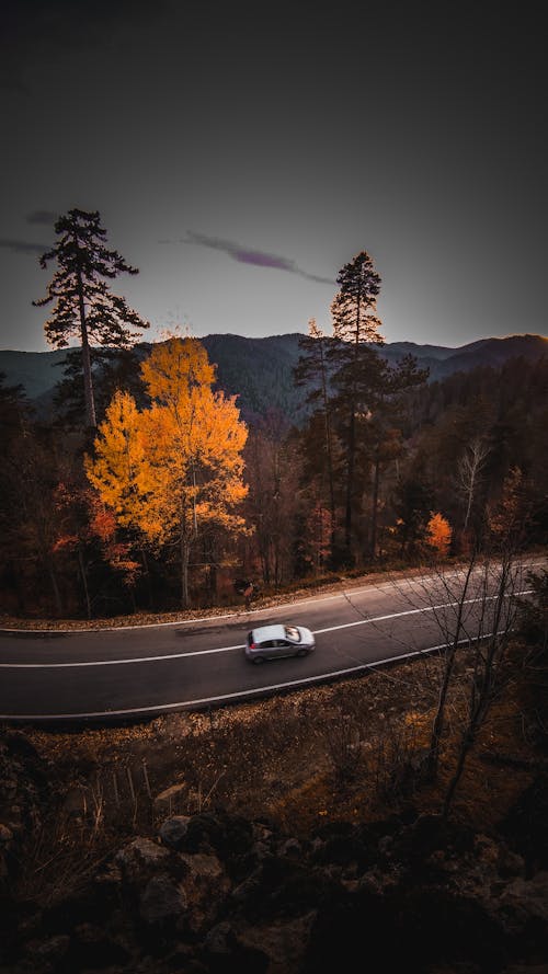 Car driving on road among trees and hills