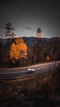 A car navigates a winding road surrounded by fall foliage in a mountain landscape.