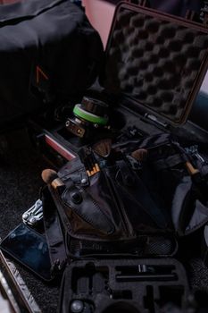 An organized setup of essential photography and makeup tools, ideal for professional shoots.