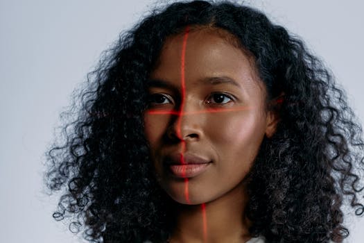 A futuristic portrait of a woman with laser scanning lines on her face, representing advanced technology.