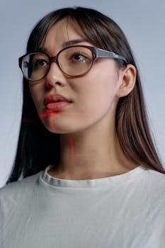 Close-up of a woman wearing glasses with red laser lines on her face, suggesting advanced technology.