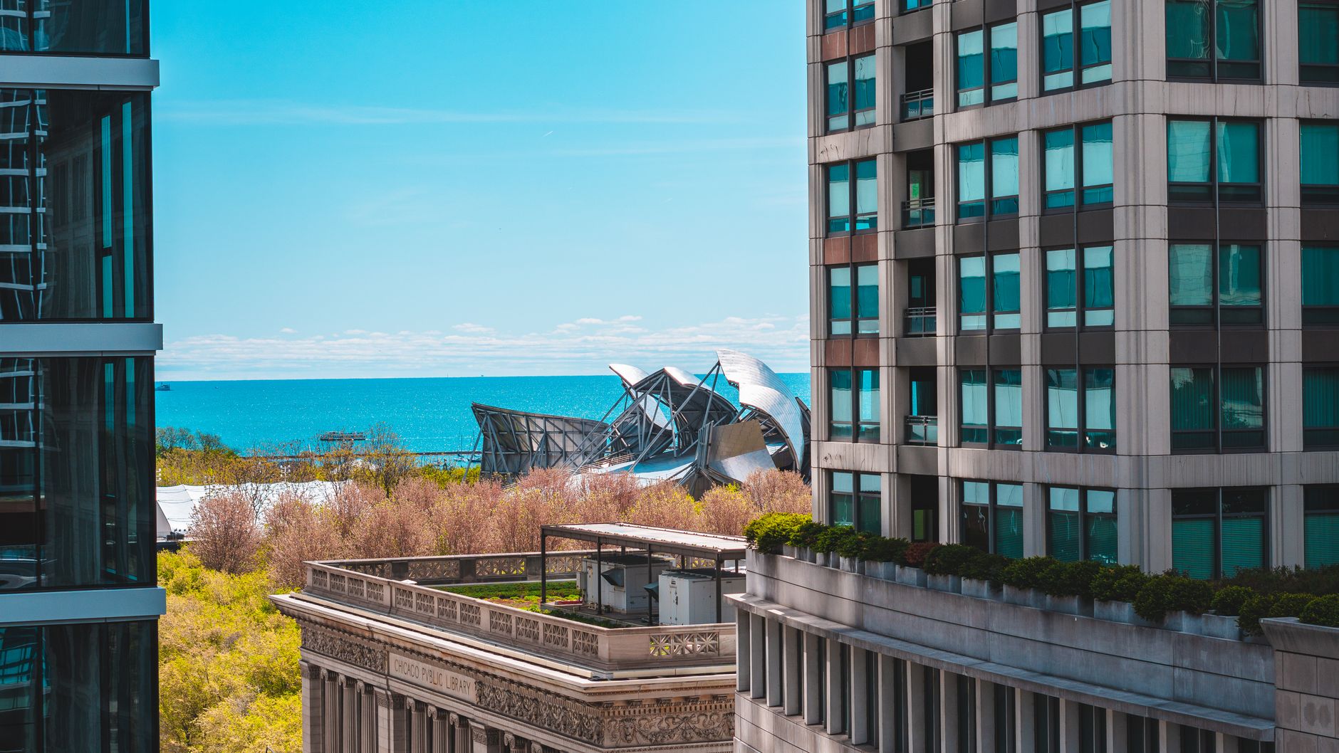 A stunning cityscape featuring modern architecture by a clear lake shoreline on a sunny day.