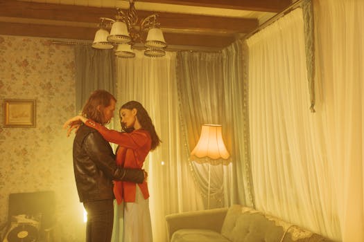 An intimate and romantic scene of a couple dancing closely in a vintage living room.