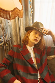 Fashionable redhead wearing a checkered suit and hat in a vintage setting, exuding a cool, retro vibe.