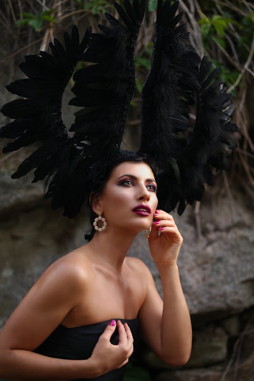 Alluring Woman with Black Feather Headdress