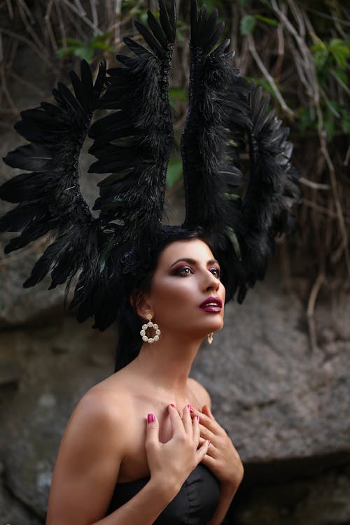 Alluring Woman with Black Feather Headdress