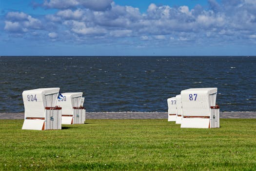 Seaside wicker beach chairs on a grassy shore in Büsum, Germany under a partly cloudy sky.