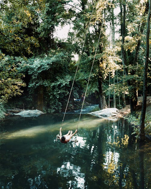 Pond in the Middle of the Forest with Person on a Swing 
