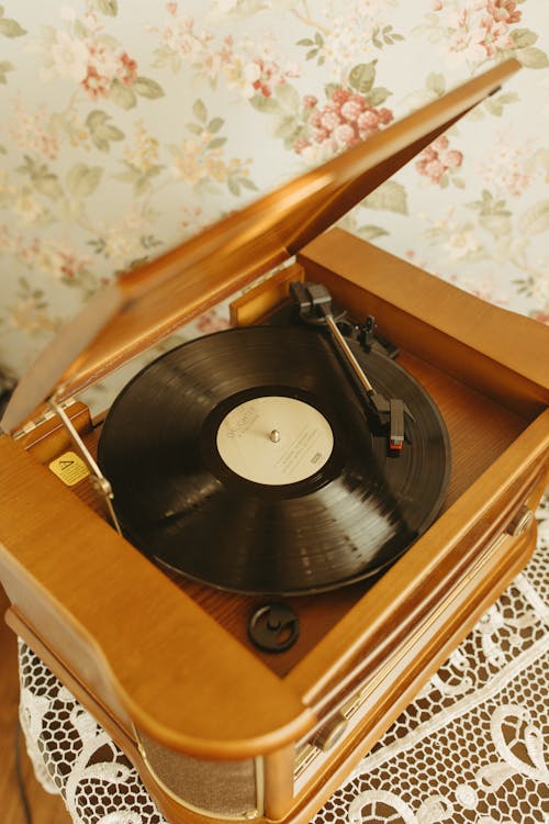 Vinyl Record on Brown Wooden Shelf