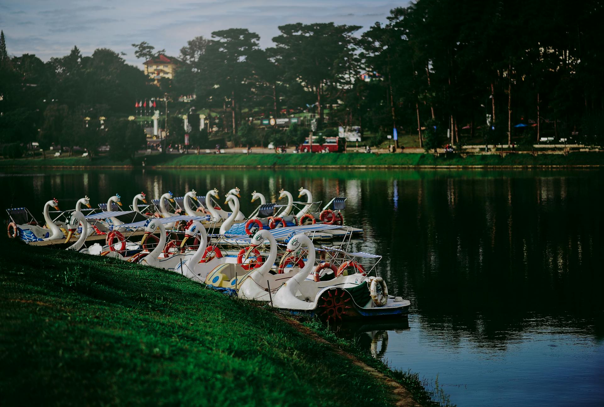 Swan-shaped pedal boats docked by a lake in a lush, tranquil park environment.